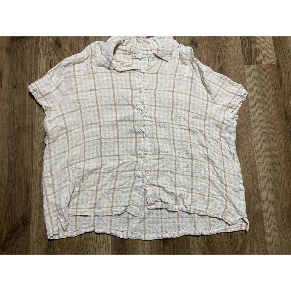 Jane+Delancey Shirt, Womens Size Large, White Tan, Check, Button Up Short Sleeve